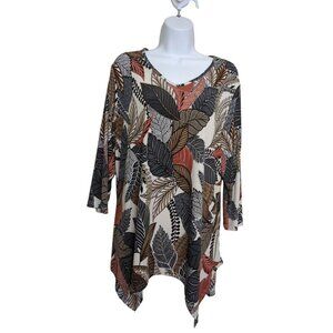 Anthony Richards Women's V-Neck Top 3/4 Sleeve leaf print Handkerchief hem L